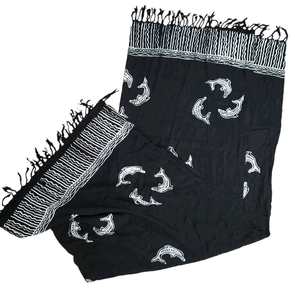 Sarong Beach Wrap Scarf Coverup w Fringe in Black & White - Picture 2 of 13